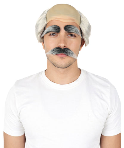 HPO Old Men's Short Dark Grey Wig Mustache & Eyebrows Set with Bald Cap | Funny Grandpa Cosplay Wig | Flame-retardant Synthetic Fiber