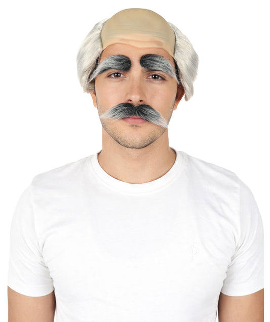 HPO Old Men's Short Dark Grey Wig Mustache & Eyebrows Set with Bald Cap | Funny Grandpa Cosplay Wig | Flame-retardant Synthetic Fiber
