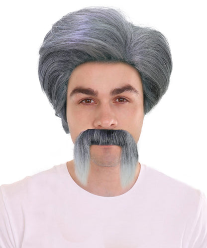 HPO Men’s Sports Fun 2-Tone Curly Wig with Mustache  | Ideal for Halloween | Breathable Capless Cap