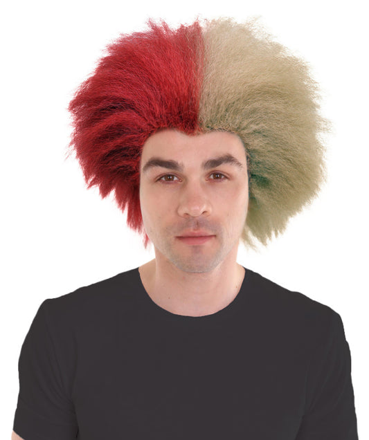 HPO Men Two-Tone South America Gangster Wig | Wild Half Red & Half Brown Fluffy Party Hair| Ideal for Halloween | Breathable Capless Cap