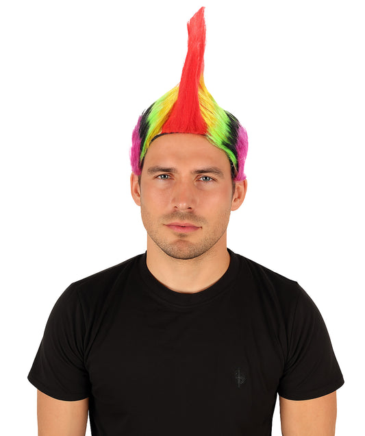 HPO Adult Men’s Mohican Multi-Color Punk Wig | Spiky Rocker Costume Hair for Parties, Festivals | Ideal for Halloween | Breathable Capless Cap