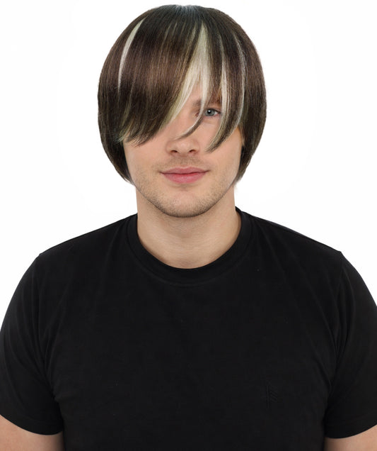 HPO Men’s Short Shaggy Hairstyle Rocker Wig | Adult Costume Party Accessory | Rock Star Inspired Wig | Breathable Capless Cap