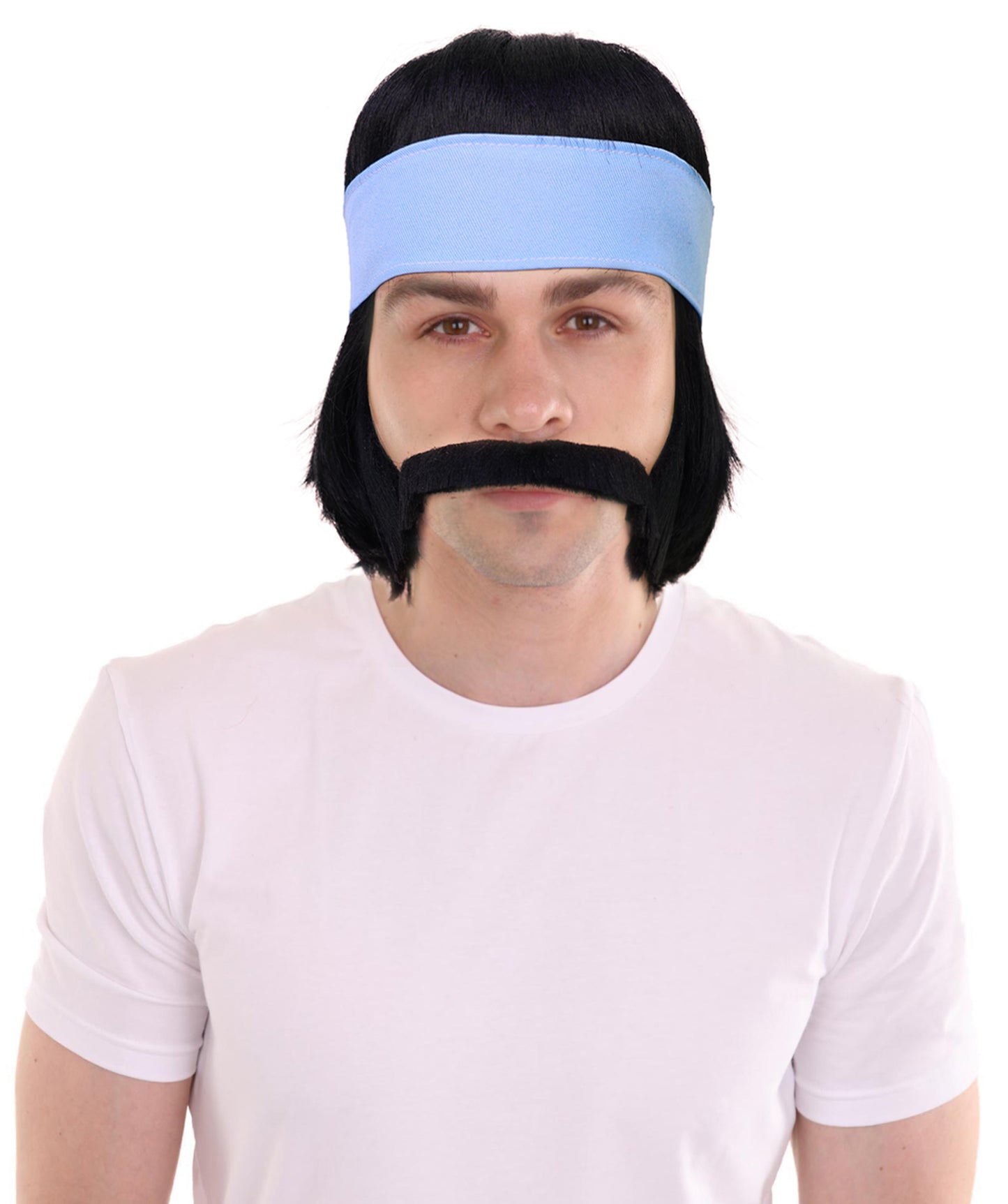 Men's Hippie with Hair Wig, Sideburns & Mustache With Headband – Retro 60s Set | Breathable Capless Cap