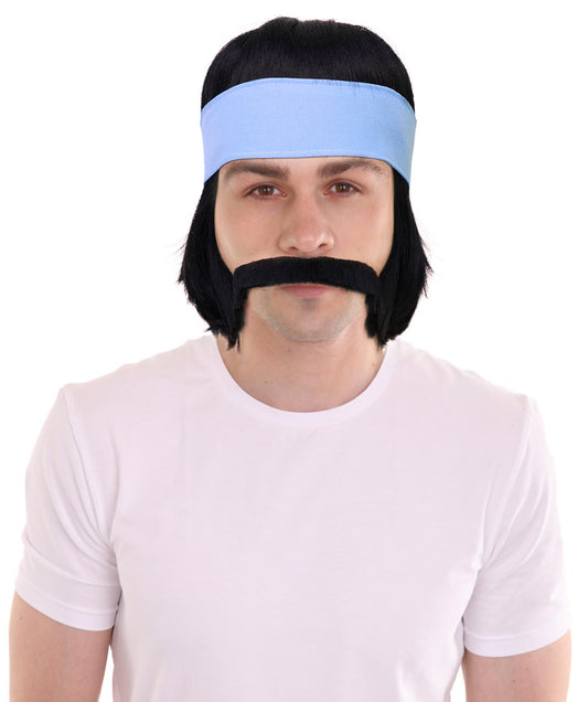 Men's Hippie with Hair Wig, Sideburns & Mustache With Headband – Retro 60s Set | Breathable Capless Cap