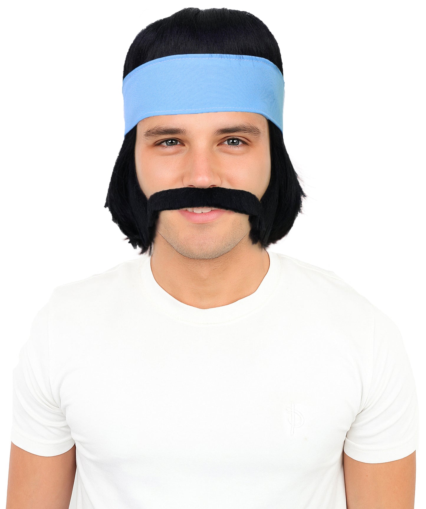 Men's Hippie with Hair Wig, Sideburns & Mustache With Headband – Retro 60s Set | Breathable Capless Cap
