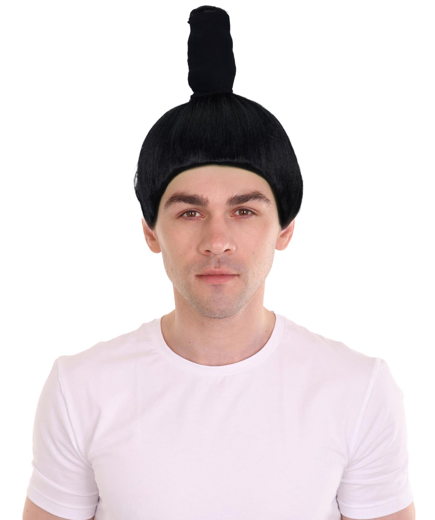 HPO Adult Mens's Sumo Wrestler Wig | Asian Japanese Warrior Gothic Hairpiece | Traditional Topknot Bun Synthetic Wig | Halloween Cosplay Accessory