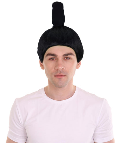 HPO Adult Mens's Sumo Wrestler Wig | Asian Japanese Warrior Gothic Hairpiece | Traditional Topknot Bun Synthetic Wig | Halloween Cosplay Accessory