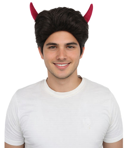 HPO Adult Men's Fantasy Demon Cosplay Wig with Horns | Spiky Dark Brown Synthetic Hairpiece | Adjustable Cap for Halloween, Parties, Stage & Roleplay