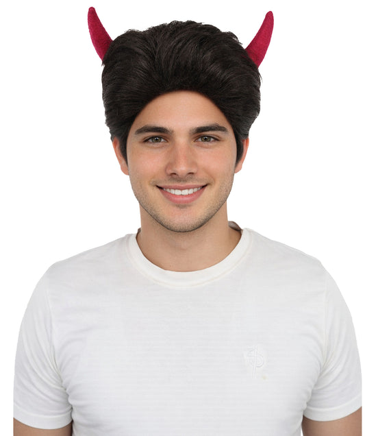 HPO Adult Men's Fantasy Demon Cosplay Wig with Horns | Spiky Dark Brown Synthetic Hairpiece | Adjustable Cap for Halloween, Parties, Stage & Roleplay