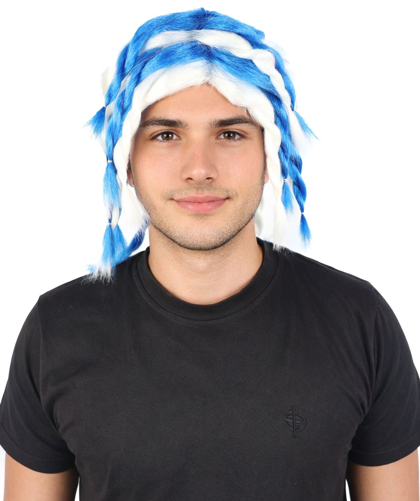 HPO Men's Braided Rasta Dreadlocks Blue & White Wig | Medium Synthetic Hairpiece | Cosplay, Halloween, Party & Stage Costume