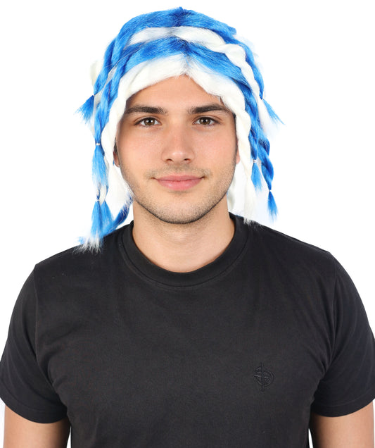 HPO Men's Braided Rasta Dreadlocks Blue & White Wig | Medium Synthetic Hairpiece | Cosplay, Halloween, Party & Stage Costume