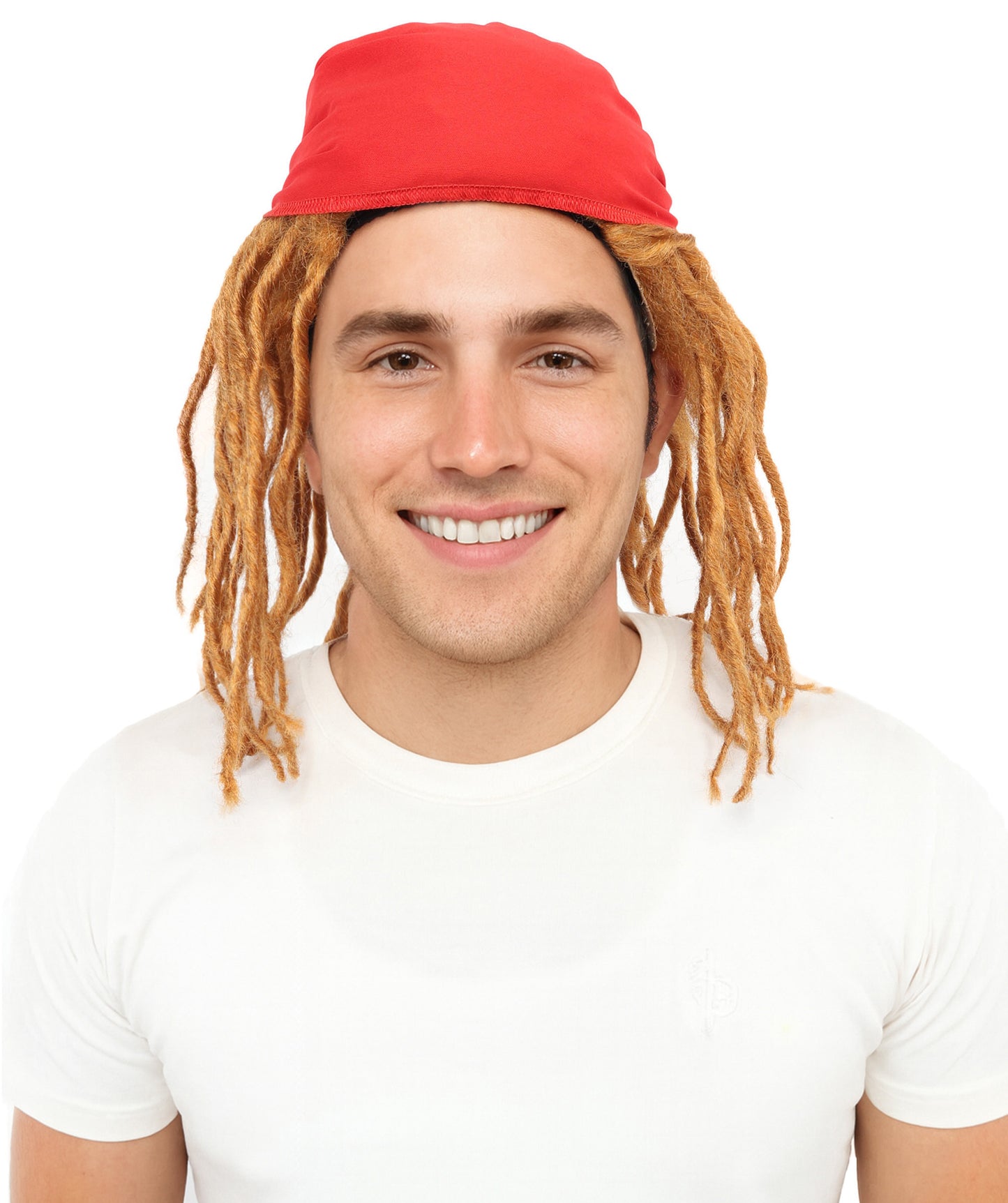 HPO Men's 14 Inch Brown Dreadlock Wig with Red Bandana | Flame-retardant Synthetic Fiber | Lightweight Capless Design for Halloween and Cosplay