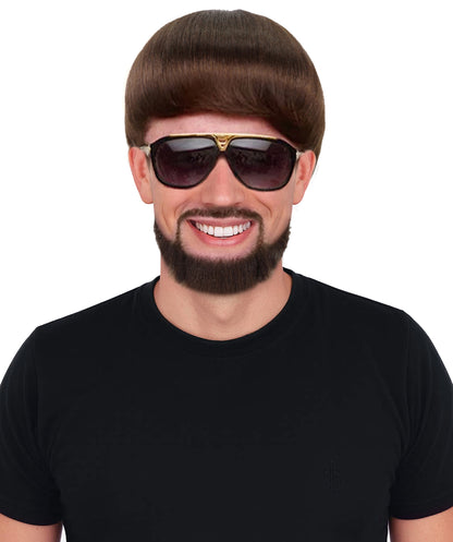 HPO Men’s Black Retro Bowl Cut Wig Mustache & Beard Set | Funny Party & Cosplay Accessory | Ideal for Halloween and Cosplay | Breathable Cap