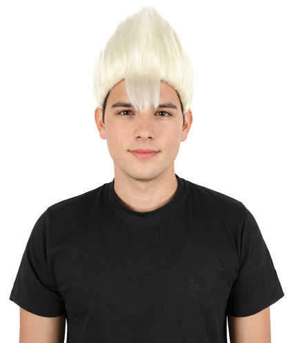 HPO Men's White Spiky Punk Wig | Medium Platinum Synthetic Hair with Adjustable Cap for Cosplay, Halloween, Stage Performances & Roleplay