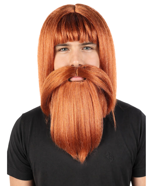 HPO Men's Viking-Inspired Wig, Beard & Mustache Set | Dark Auburn Synthetic Hairpiece with Matching Mustache & Beard | Adjustable Fit for Cosplay, Stage & Parties