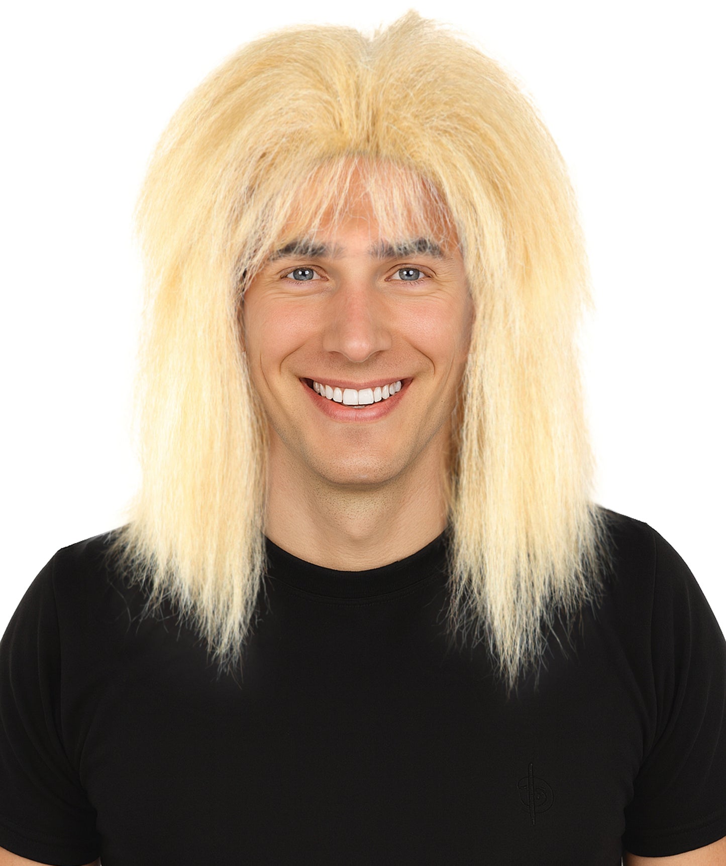 HPO Men’s Straight Blonde Rocker Wig | 80s Style Shoulder Length Hair with Bangs | Breathable Capless Cap for Cosplay, Costumes & Theme Parties