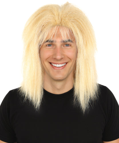 HPO Men’s Straight Blonde Rocker Wig | 80s Style Shoulder Length Hair with Bangs | Breathable Capless Cap for Cosplay, Costumes & Theme Parties
