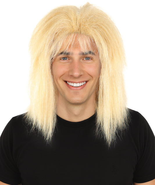 HPO Men’s Straight Blonde Rocker Wig | 80s Style Shoulder Length Hair with Bangs | Breathable Capless Cap for Cosplay, Costumes & Theme Parties