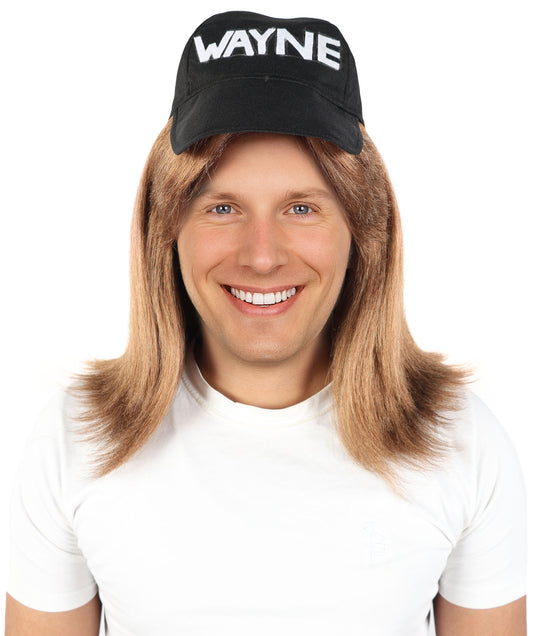 HPO Men’s Brown Retro Wig with Black Slogan Cap | Straight Layered Hair Accessory for Parties, Cosplay & Dress-Up Looks | Lightweight Capless Cap Design