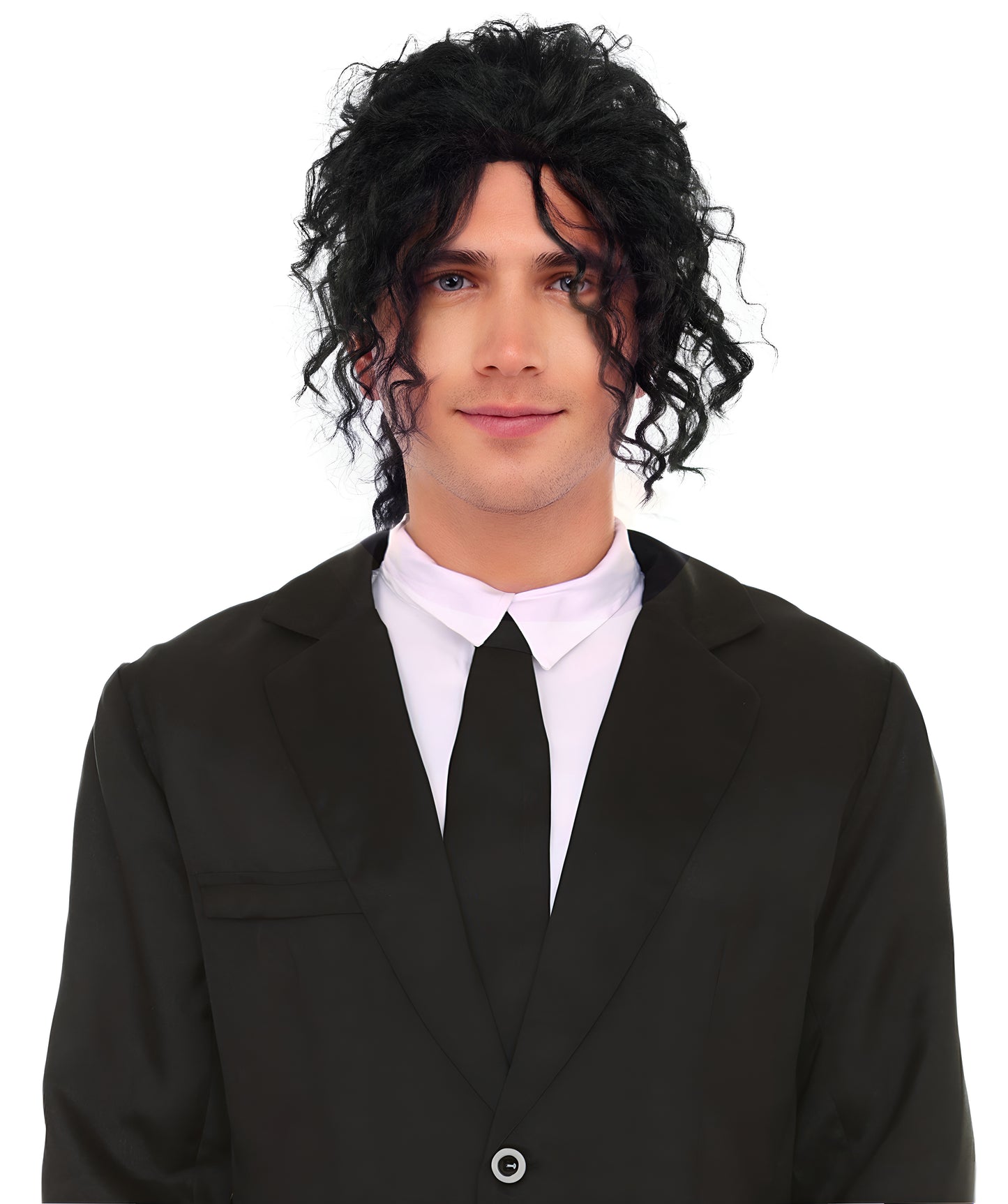 Men's Black Pop Star Medium Curly Wig-Synthetic Hair with Natural Texture | Commonly Used in Cosplay, Stage Performances & Retro Theme Parties