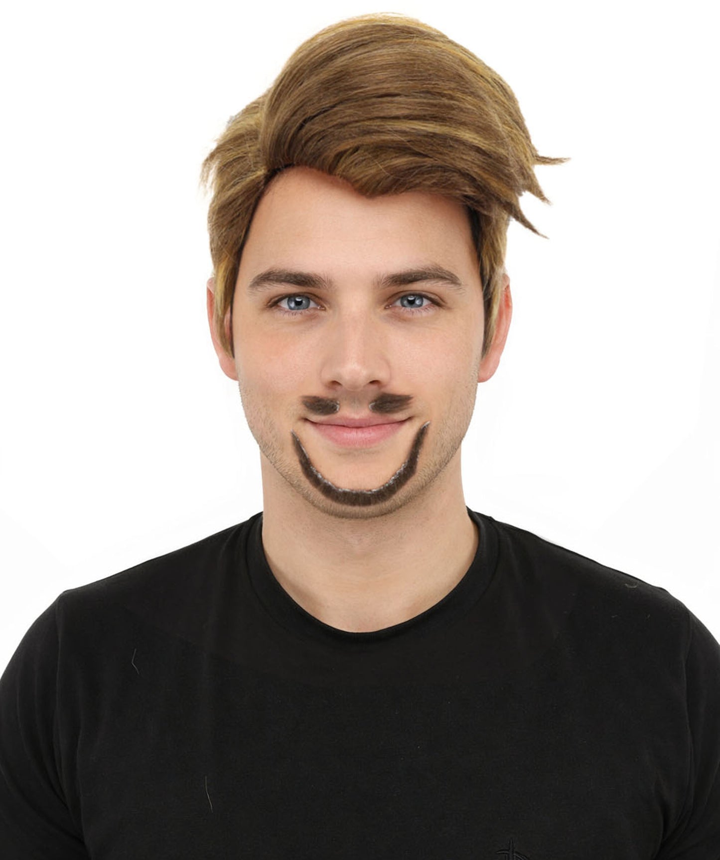 HPO Men's Detective Side-Part Wig Beard & Mustache | Sandy brown with golden highlights, create of synthetic fiber, sleek swept-side volume, breathable capless cap |