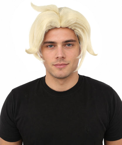 HPO Men's Golden Blonde Curtain Bang Wig | Shoulder Length Wavy Surfer Style, Heat Resistant Synthetic Fiber & Breathable Net | Halloween, Funny Roleplay, Theater, 90s Party & Costume Events