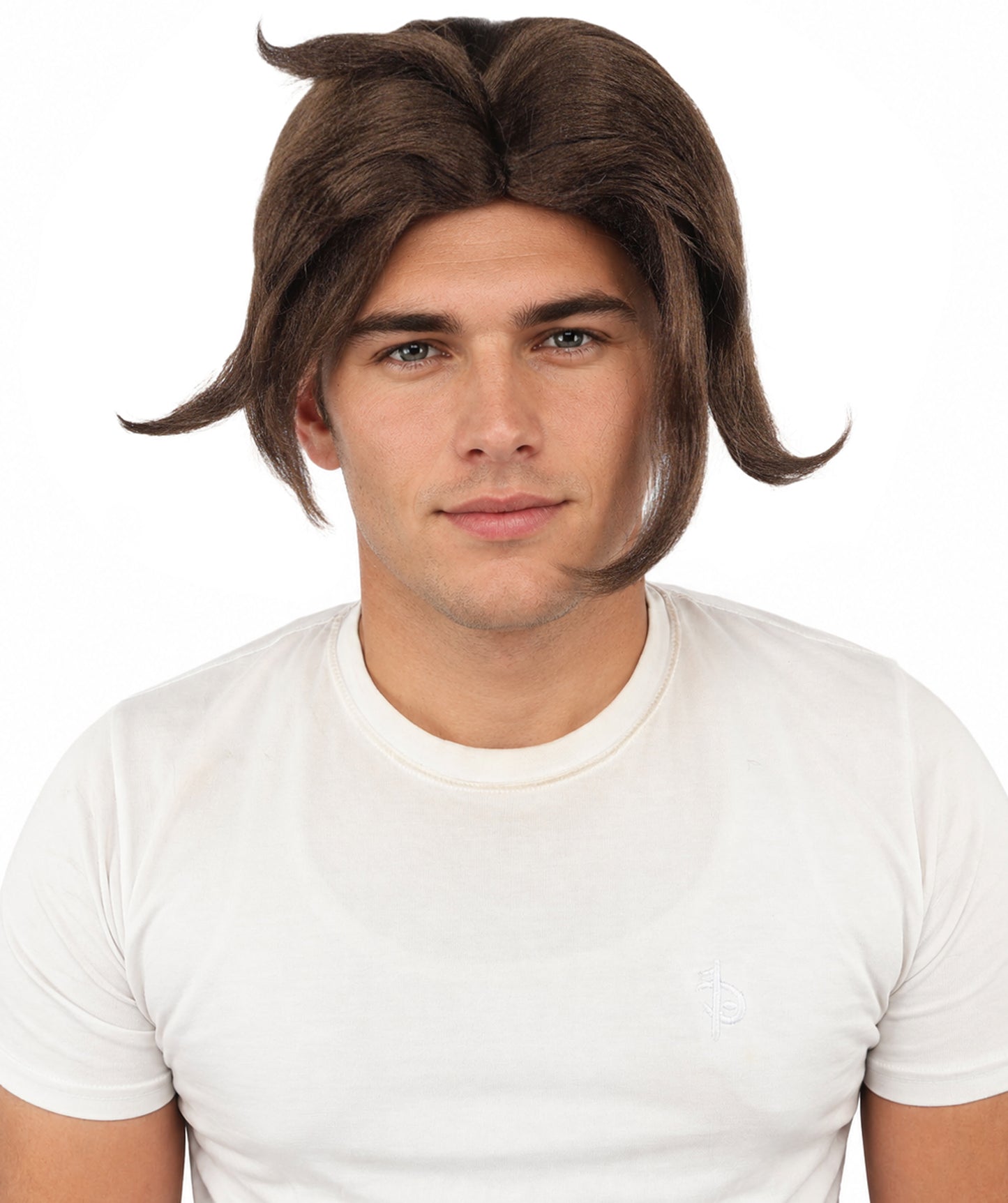 HPO Men's Golden Blonde Curtain Bang Wig | Shoulder Length Wavy Surfer Style, Heat Resistant Synthetic Fiber & Breathable Net | Halloween, Funny Roleplay, Theater, 90s Party & Costume Events
