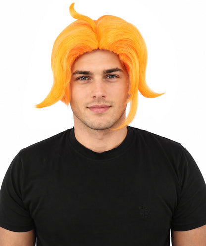 HPO Men's Golden Blonde Curtain Bang Wig | Shoulder Length Wavy Surfer Style, Heat Resistant Synthetic Fiber & Breathable Net | Halloween, Funny Roleplay, Theater, 90s Party & Costume Events