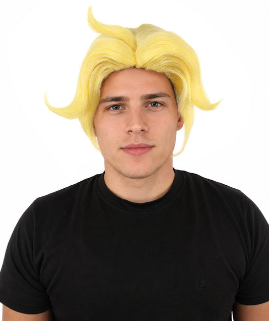 HPO Men's Golden Blonde Curtain Bang Wig | Shoulder Length Wavy Surfer Style, Heat Resistant Synthetic Fiber & Breathable Net | Halloween, Funny Roleplay, Theater, 90s Party & Costume Events