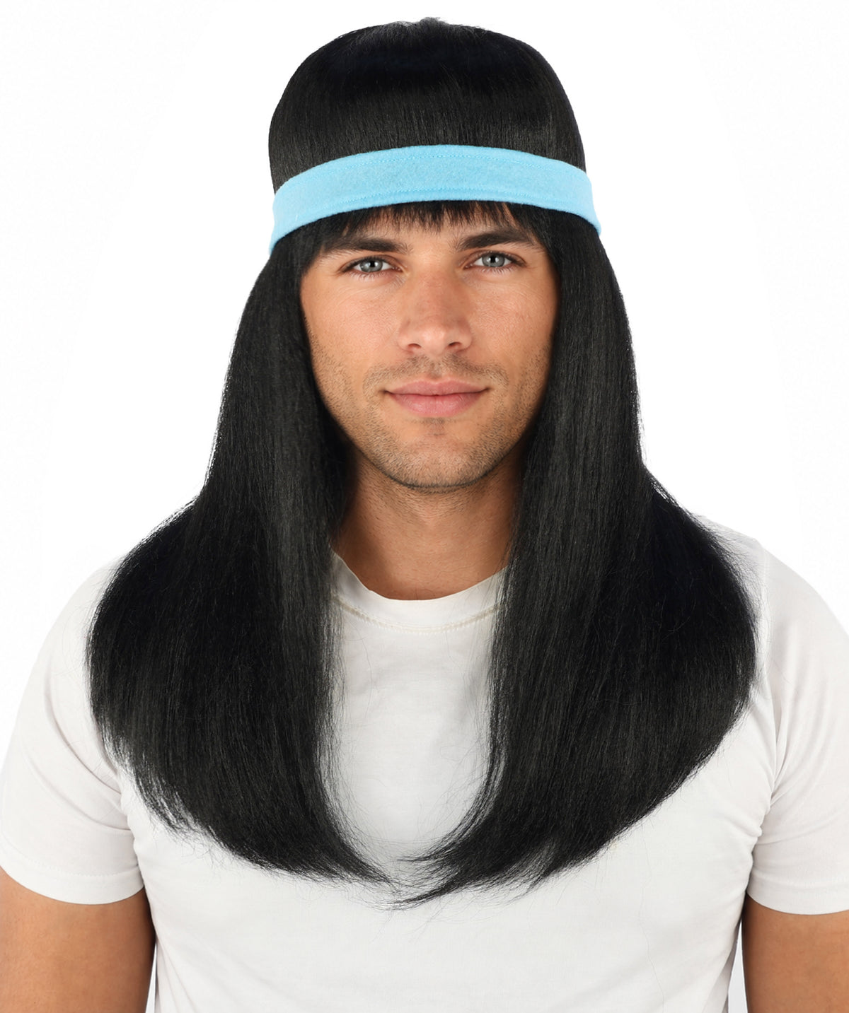 HPO Men's Long Auburn Wig with Headband | Straight Reddish Texture with Blunt Bangs & Included Teal Band, Heat Resistant Fiber | Halloween, Troll Roleplay, Fantasy Party, Carnival & Theater