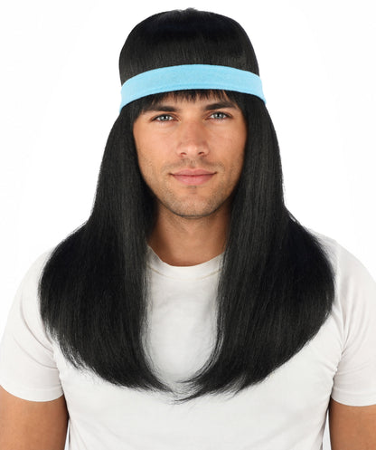 HPO Men's Long Auburn Wig with Headband | Straight Reddish Texture with Blunt Bangs & Included Teal Band, Heat Resistant Fiber | Halloween, Troll Roleplay, Fantasy Party, Carnival & Theater