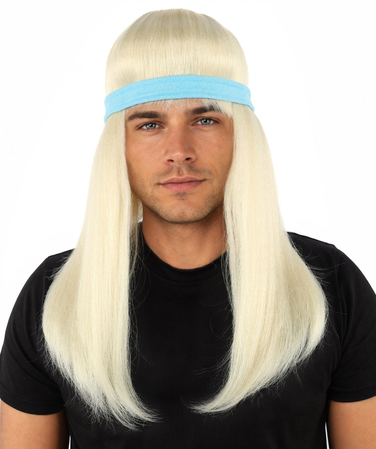 HPO Men's Long Auburn Wig with Headband | Straight Reddish Texture with Blunt Bangs & Included Teal Band, Heat Resistant Fiber | Halloween, Troll Roleplay, Fantasy Party, Carnival & Theater