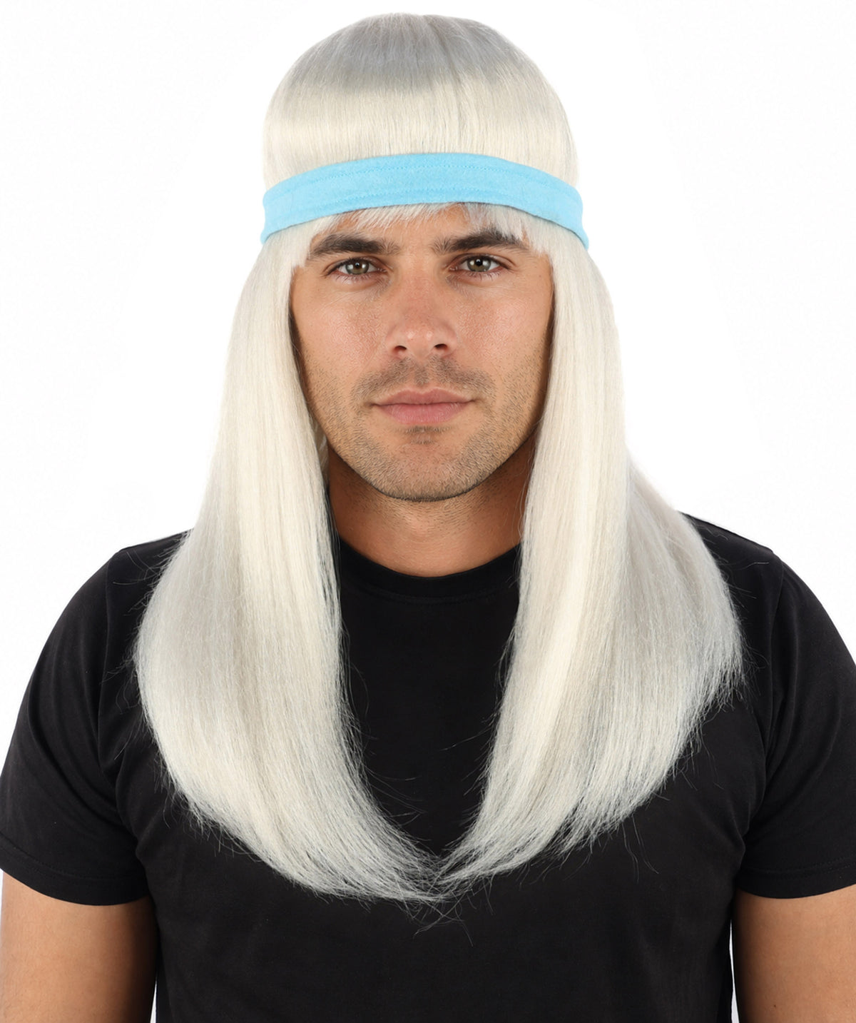 HPO Men's Long Auburn Wig with Headband | Straight Reddish Texture with Blunt Bangs & Included Teal Band, Heat Resistant Fiber | Halloween, Troll Roleplay, Fantasy Party, Carnival & Theater
