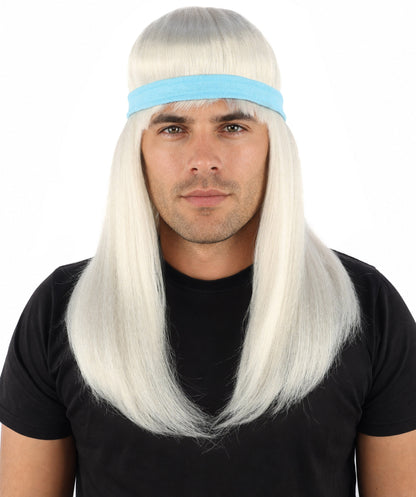 HPO Men's Long Auburn Wig with Headband | Straight Reddish Texture with Blunt Bangs & Included Teal Band, Heat Resistant Fiber | Halloween, Troll Roleplay, Fantasy Party, Carnival & Theater