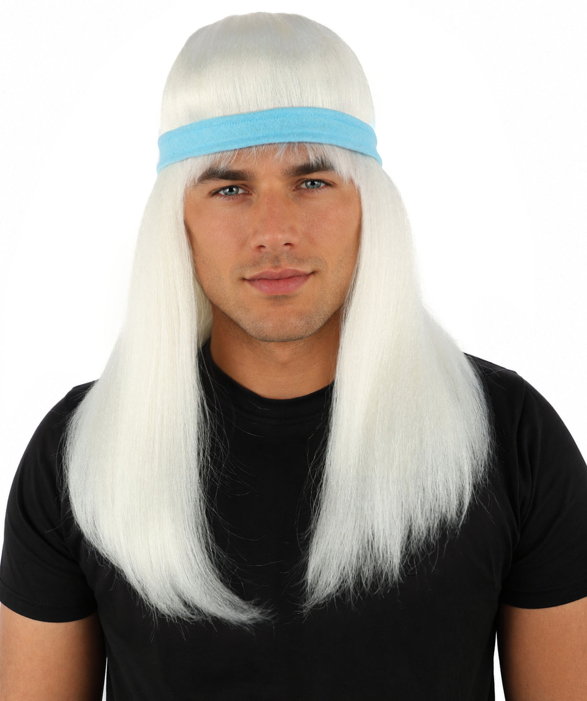HPO Men's Long Auburn Wig with Headband | Straight Reddish Texture with Blunt Bangs & Included Teal Band, Heat Resistant Fiber | Halloween, Troll Roleplay, Fantasy Party, Carnival & Theater