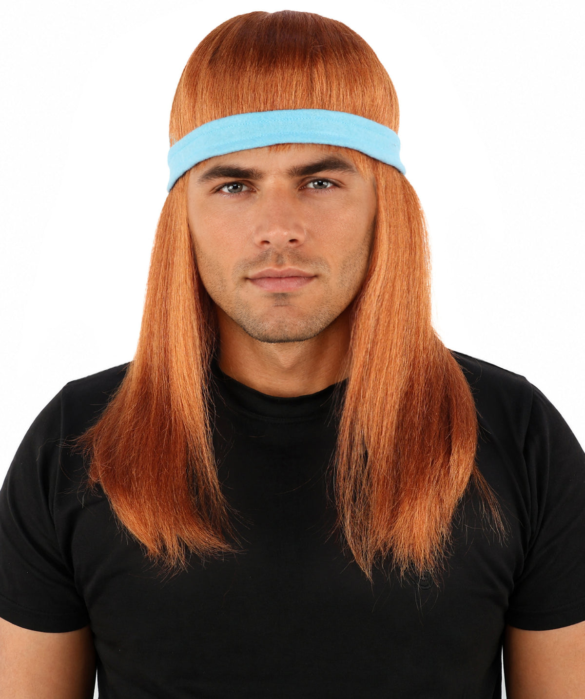 HPO Men's Long Auburn Wig with Headband | Straight Reddish Texture with Blunt Bangs & Included Teal Band, Heat Resistant Fiber | Halloween, Troll Roleplay, Fantasy Party, Carnival & Theater