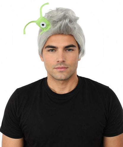 HPO Men's Brain Slug Orange Wig | Medium Spiked Synthetic Hair with Attached Green Alien Plush and Messy Texture | Sci-Fi Cosplay, Halloween, Cartoon Theme Party, and Funny Costume Accessories