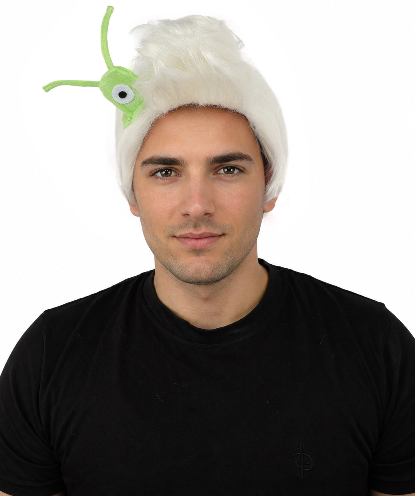 HPO Men's Brain Slug Orange Wig | Medium Spiked Synthetic Hair with Attached Green Alien Plush and Messy Texture | Sci-Fi Cosplay, Halloween, Cartoon Theme Party, and Funny Costume Accessories