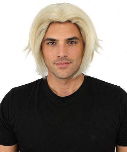 HPO Men's Two Tone Black & White Layered Anime Hair | Frosted Tips Messy Style, Natural Matte Finish, Adjustable Interior Net & Durable Strands | Carnival, Dress Up, Fantasy Conventions, Theater & Photo Shoots