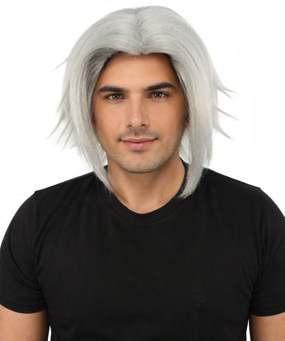 HPO Men's Two Tone Black & White Layered Anime Hair | Frosted Tips Messy Style, Natural Matte Finish, Adjustable Interior Net & Durable Strands | Carnival, Dress Up, Fantasy Conventions, Theater & Photo Shoots