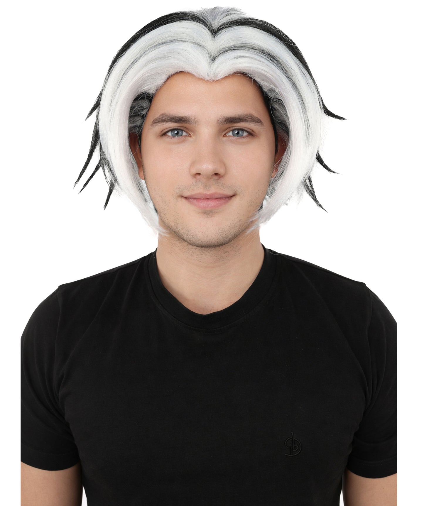 HPO Men's Two Tone Black & White Layered Anime Hair | Frosted Tips Messy Style, Natural Matte Finish, Adjustable Interior Net & Durable Strands | Carnival, Dress Up, Fantasy Conventions, Theater & Photo Shoots