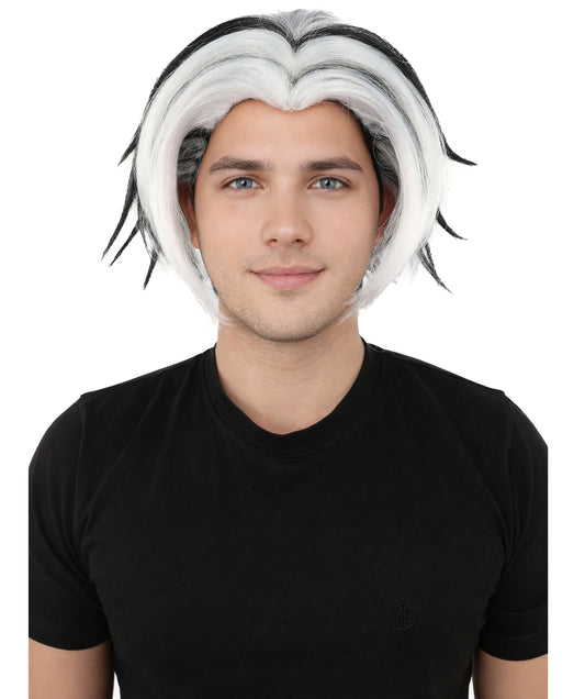 HPO Men's Two Tone Black & White Layered Anime Hair | Frosted Tips Messy Style, Natural Matte Finish, Adjustable Interior Net & Durable Strands | Carnival, Dress Up, Fantasy Conventions, Theater & Photo Shoots