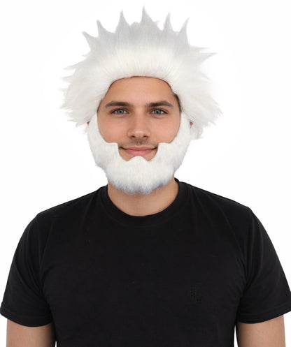 HPO Men’s 11-Inch White Spiky Wig with Beard Set |  Ideal for Cosplay, and Themed Events | Bold Style for Fun and Creative Looks