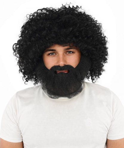 HPO Men's Wild Caveman Orange Wig Beard & Mustache Set | Massive Frizzy Orange Afro and Full Beard Set with Messy Texture | Prehistoric Costume, Viking Cosplay, Halloween, and Funny Party Props