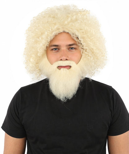 HPO Men's Wild Caveman Orange Wig Beard & Mustache Set | Massive Frizzy Orange Afro and Full Beard Set with Messy Texture | Prehistoric Costume, Viking Cosplay, Halloween, and Funny Party Props