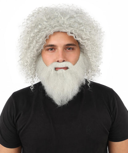 HPO Men's Wild Caveman Orange Wig Beard & Mustache Set | Massive Frizzy Orange Afro and Full Beard Set with Messy Texture | Prehistoric Costume, Viking Cosplay, Halloween, and Funny Party Props