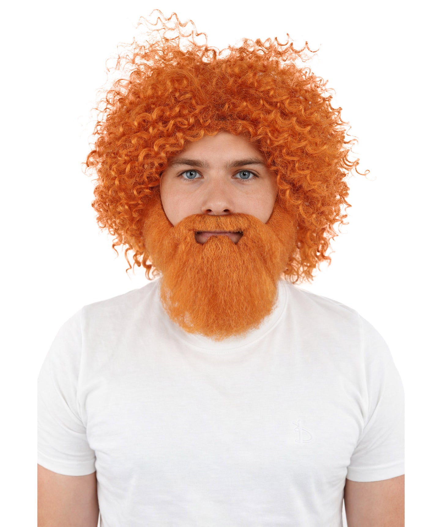 HPO Men's Wild Caveman Orange Wig Beard & Mustache Set | Massive Frizzy Orange Afro and Full Beard Set with Messy Texture | Prehistoric Costume, Viking Cosplay, Halloween, and Funny Party Props
