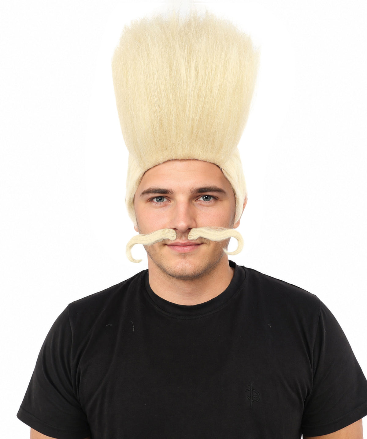 HPO Adult Men's Tall Flat Top Wig and Mustache | Vertical Dark Pompadour with Long Handlebar Facial Hair, Synthetic Fiber & Breathable Net | Halloween, Carnival, Stage Performance & Roleplay