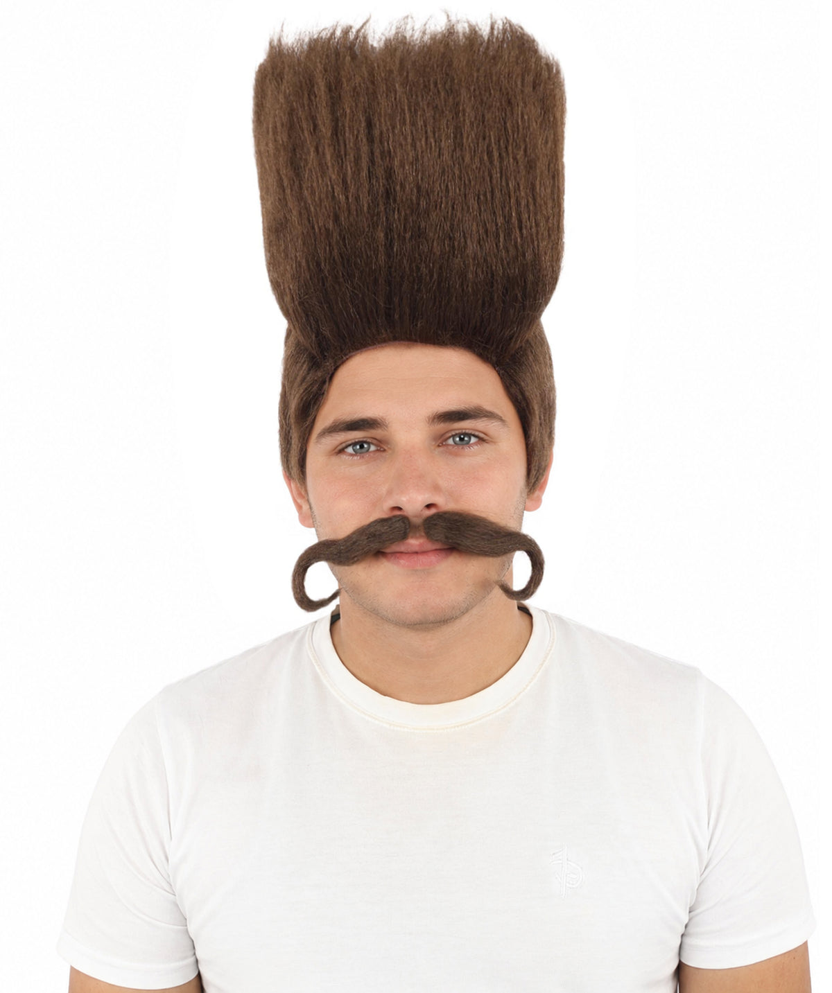 HPO Adult Men's Tall Flat Top Wig and Mustache | Vertical Dark Pompadour with Long Handlebar Facial Hair, Synthetic Fiber & Breathable Net | Halloween, Carnival, Stage Performance & Roleplay