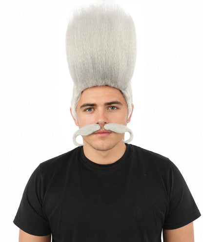 HPO Adult Men's Tall Flat Top Wig and Mustache | Vertical Dark Pompadour with Long Handlebar Facial Hair, Synthetic Fiber & Breathable Net | Halloween, Carnival, Stage Performance & Roleplay